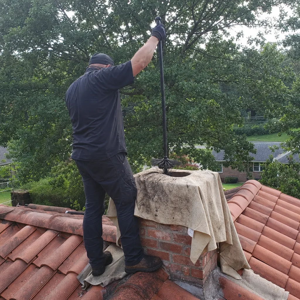 Professional chimney sweep cleaning a brick chimney on a residential rooftop