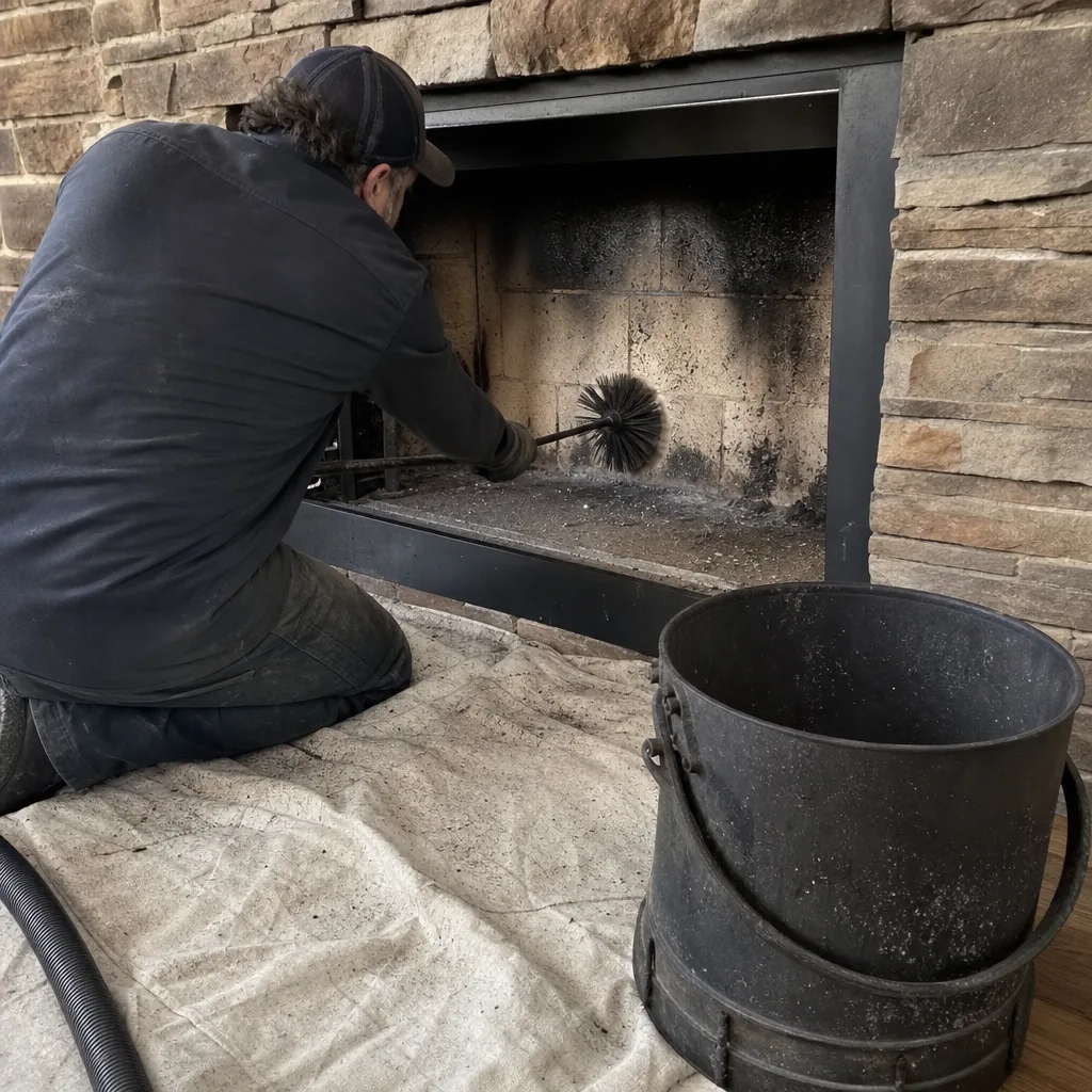 Professional chimney sweep cleaning a stone fireplace with a wire brush