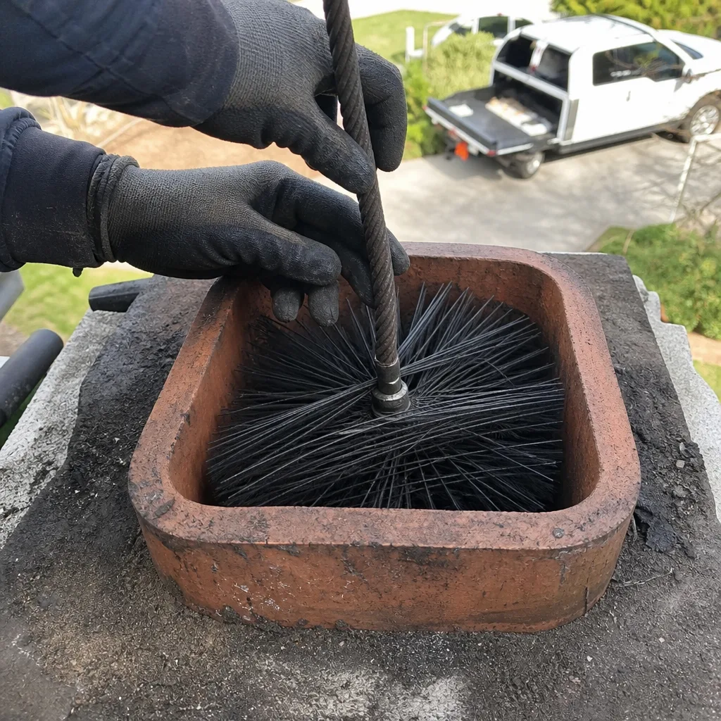 Professional chimney sweep cleaning a fireplace flue with a wire brush.
