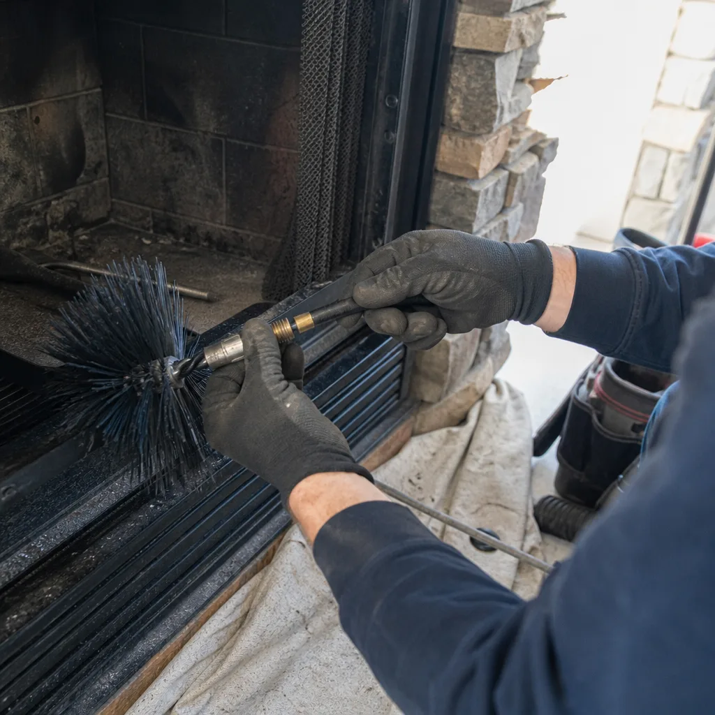 Professional technician cleaning a gas fireplace with a specialized chimney brush