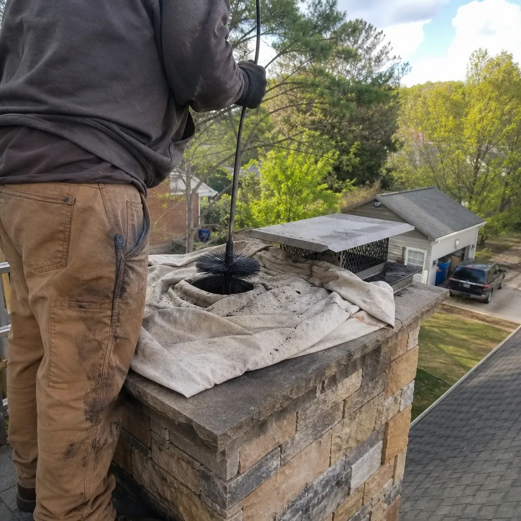 Professional chimney sweep cleaning a chimney flue on a rooftop